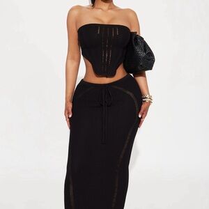 Fashion Nova Black Strapless Knit Corset Top & Maxi Skirt Set